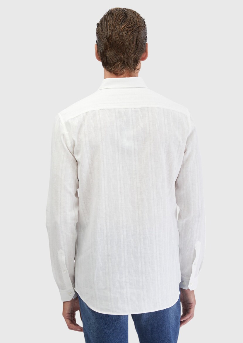 White Plain Casual Fit Long Weaving Casual Cotton Blended Shirt - 6