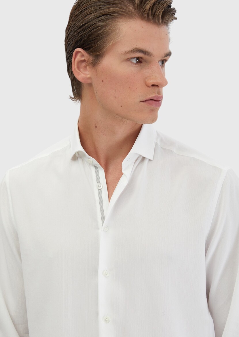 White Plain Casual Fit Long Weaving Casual Shirt - 4