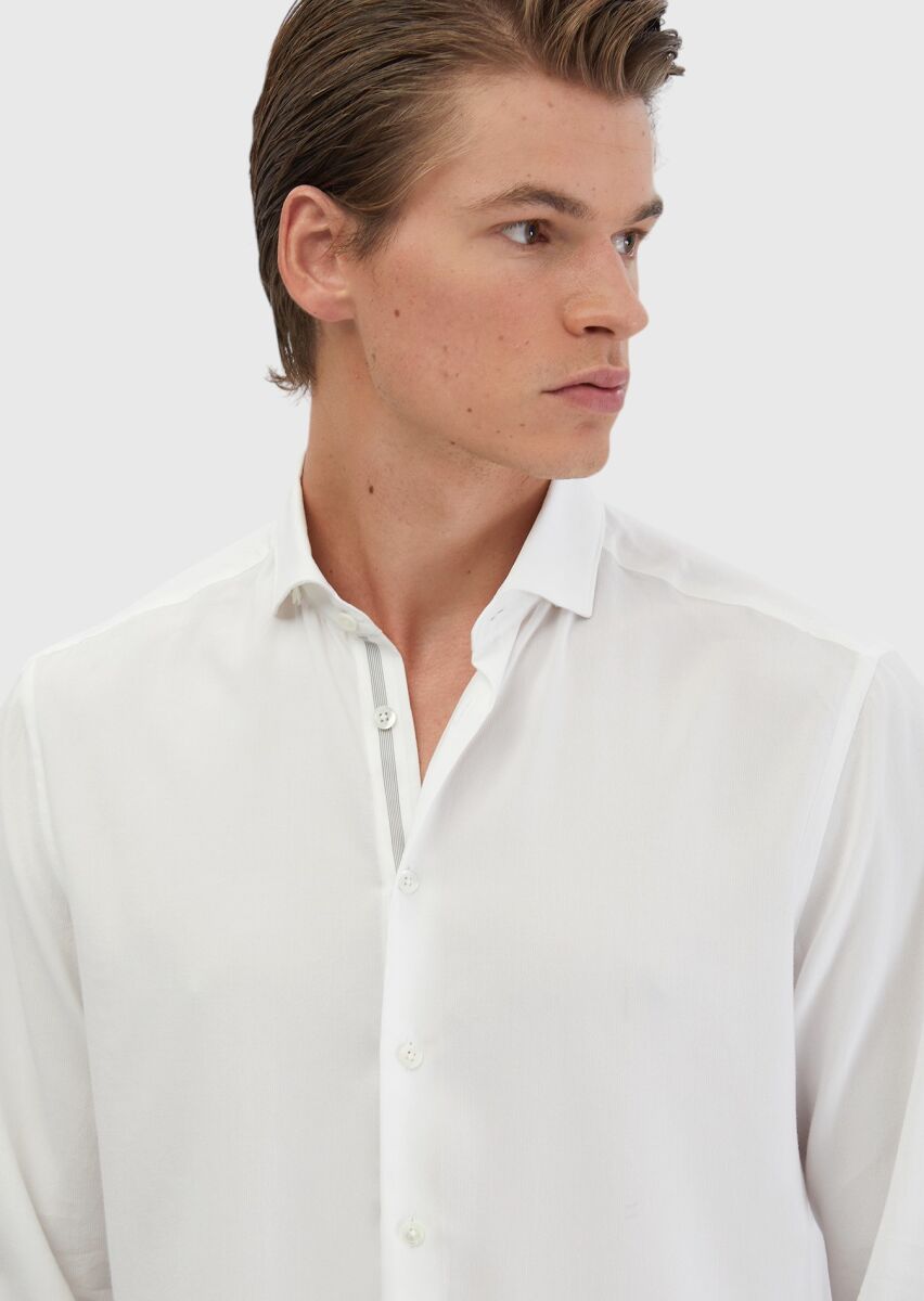 White Plain Casual Fit Long Weaving Casual Shirt - 4