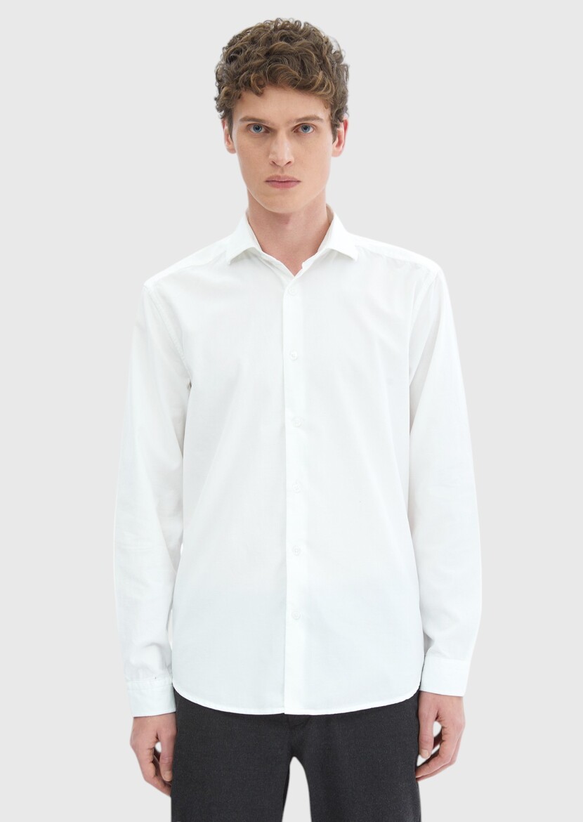 White Plain Casual Fit Weaving Casual 100% Cotton Shirt - 3