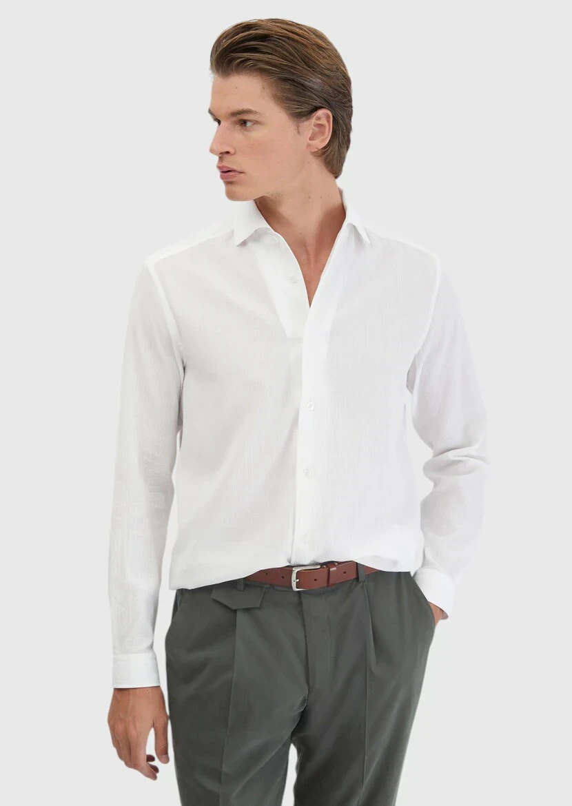White Plain Casual Fit Weaving Casual 100% Cotton Shirt - 1