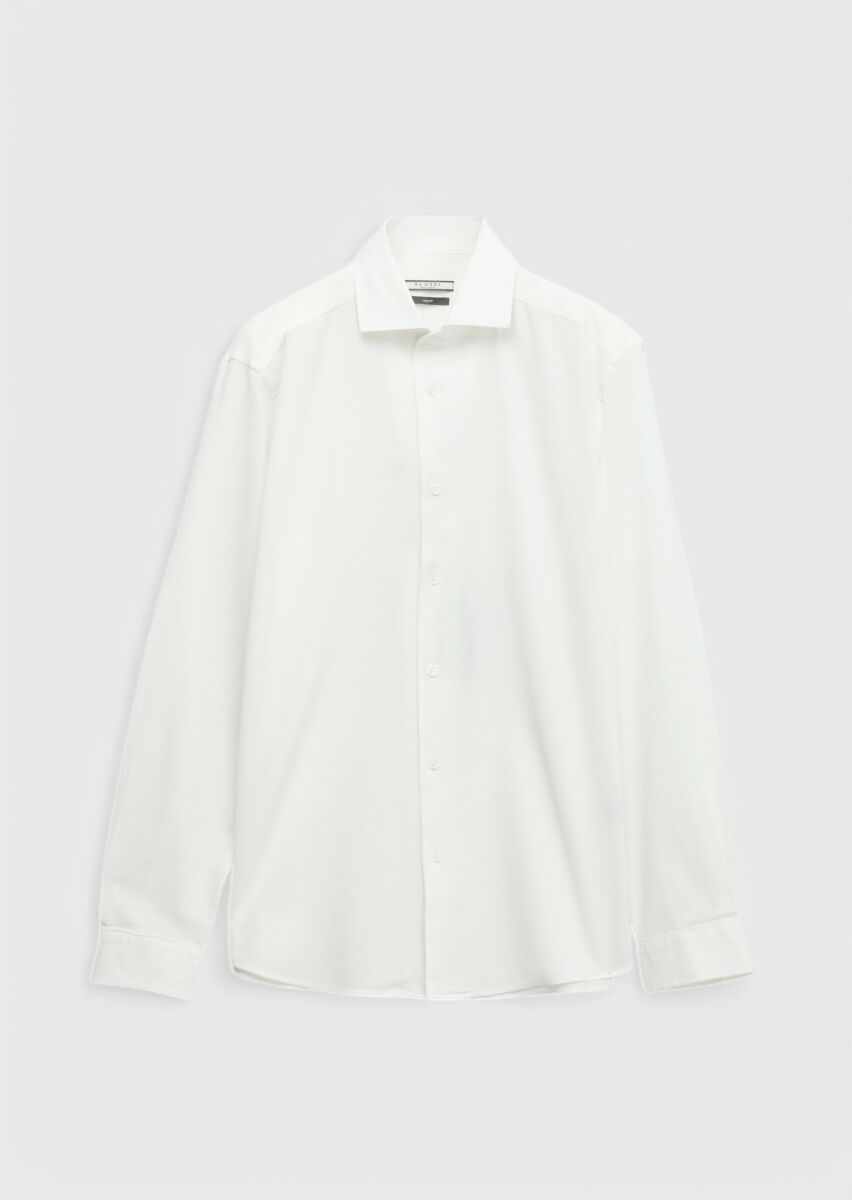 White Plain Casual Fit Weaving Casual 100% Cotton Shirt - 7