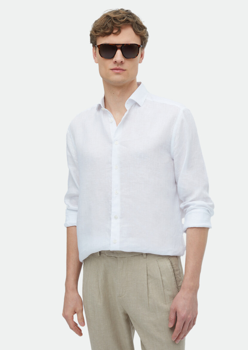 White Plain Casual Fit Weaving Casual 100% Linen Shirt - 1