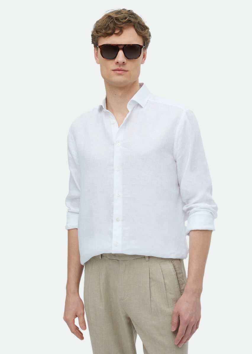 White Plain Casual Fit Weaving Casual 100% Linen Shirt - 1