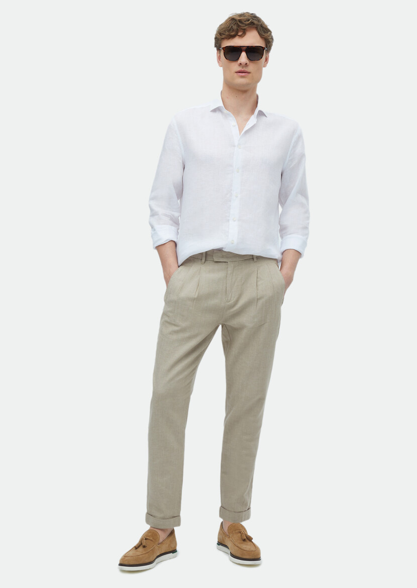 White Plain Casual Fit Weaving Casual 100% Linen Shirt 