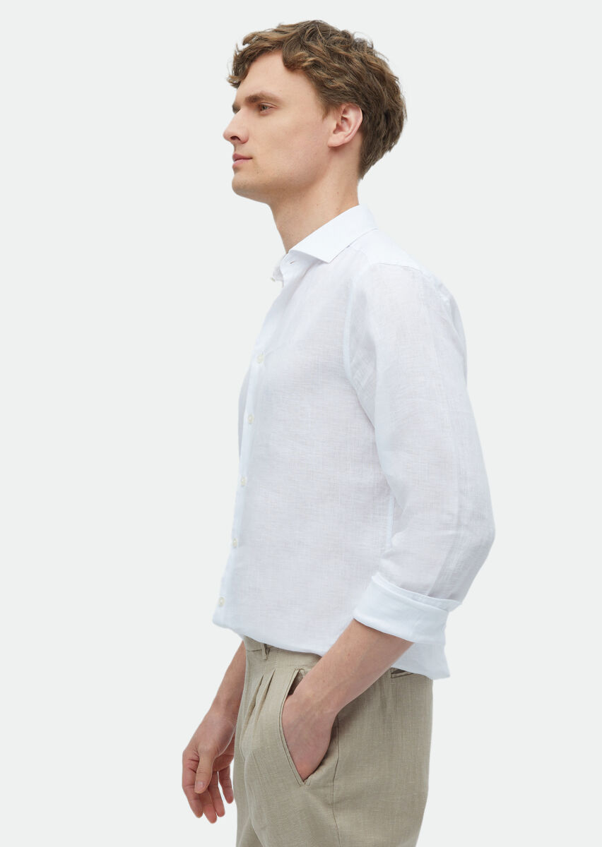 White Plain Casual Fit Weaving Casual 100% Linen Shirt - 3