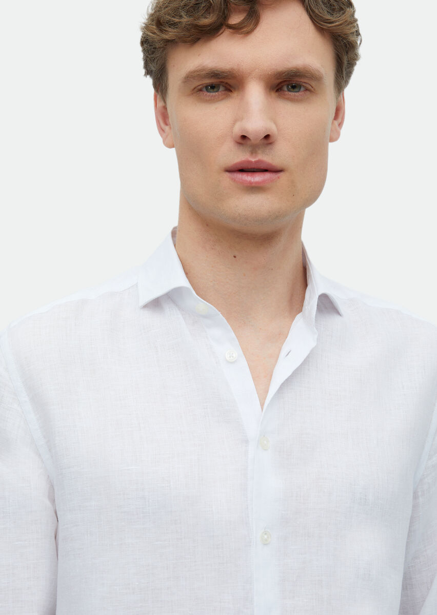 White Plain Casual Fit Weaving Casual 100% Linen Shirt - 4