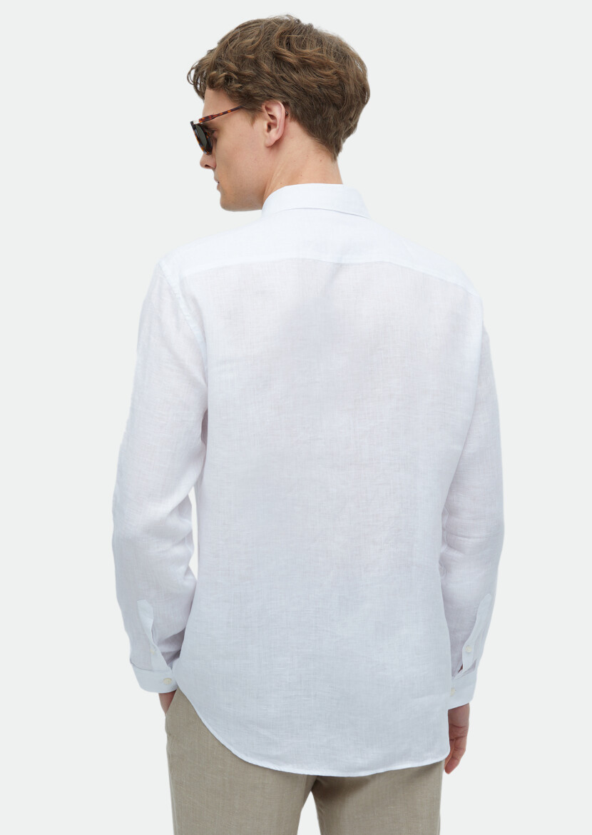 White Plain Casual Fit Weaving Casual 100% Linen Shirt - 6