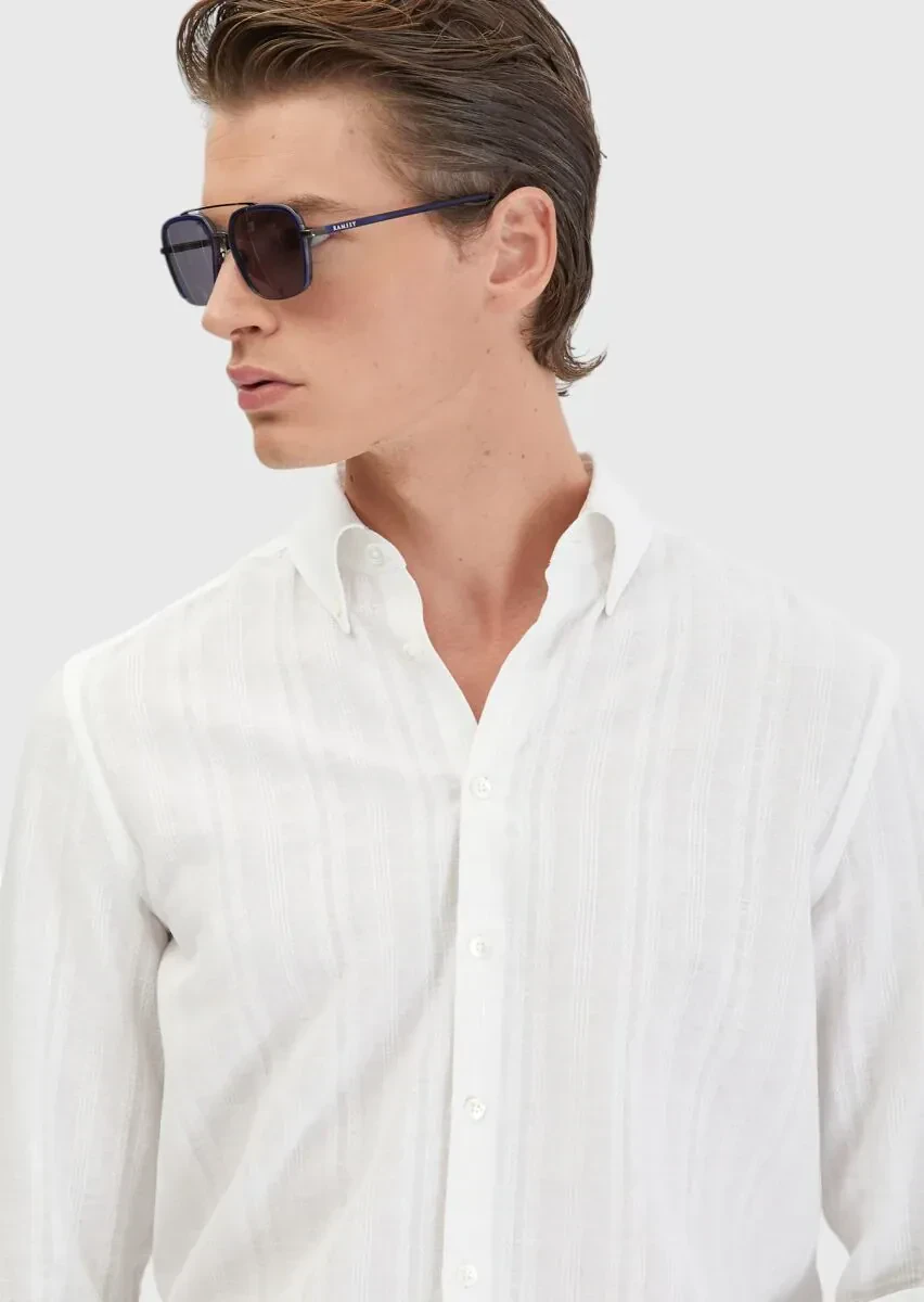 White Plain Casual Fit Weaving Casual Cotton Blended Shirt - 4