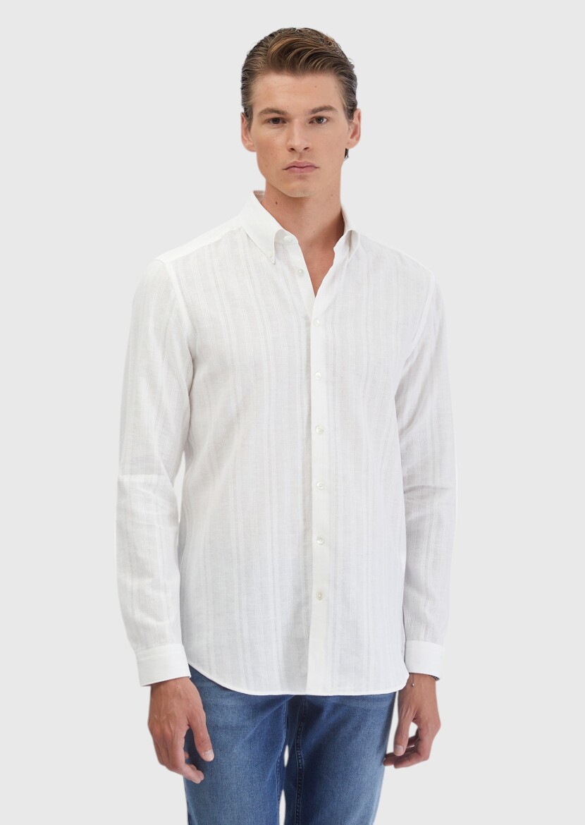 White Plain Casual Fit Weaving Casual Cotton Blended Shirt - 3