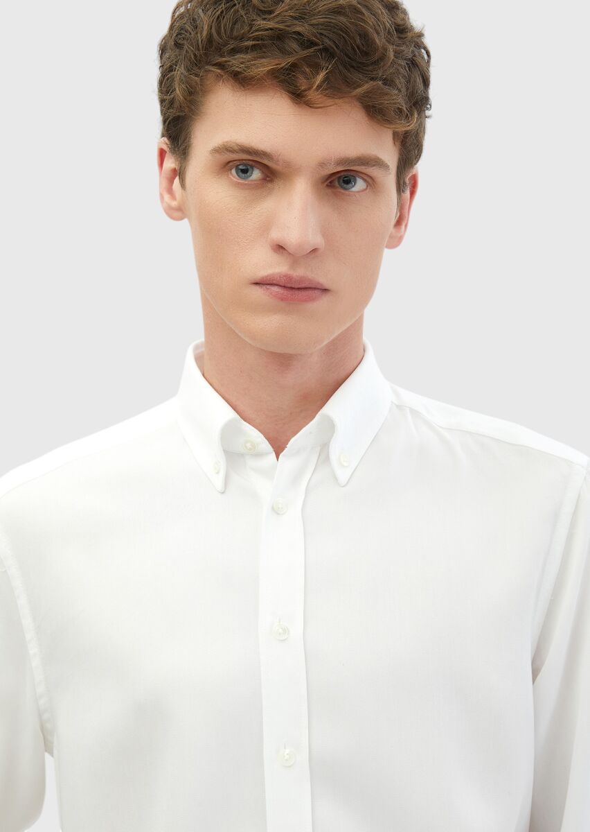 White Plain Casual Fit Weaving Casual Shirt - 3