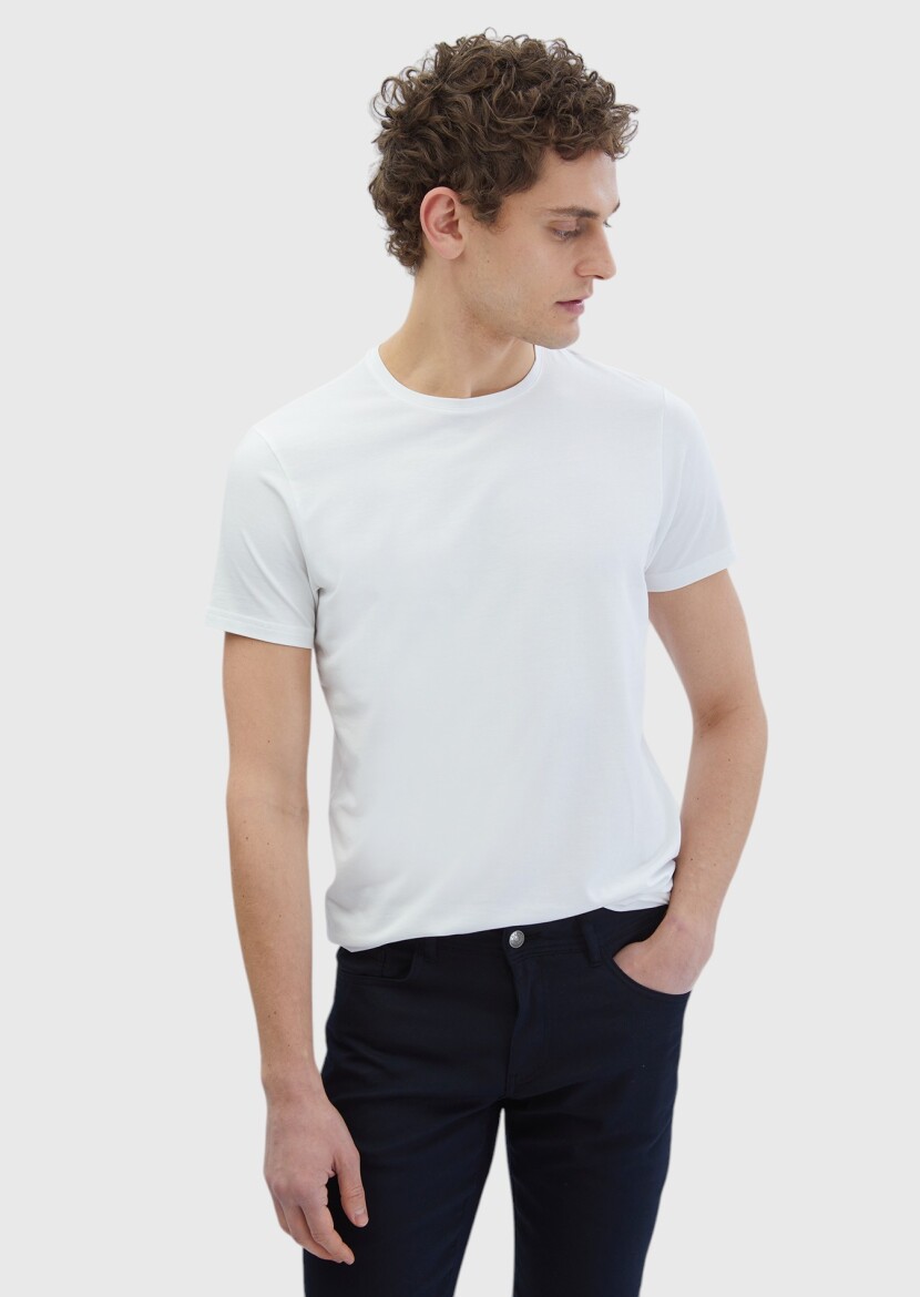 White Plain Crew Neck Cotton Blended T-Shirt - 1