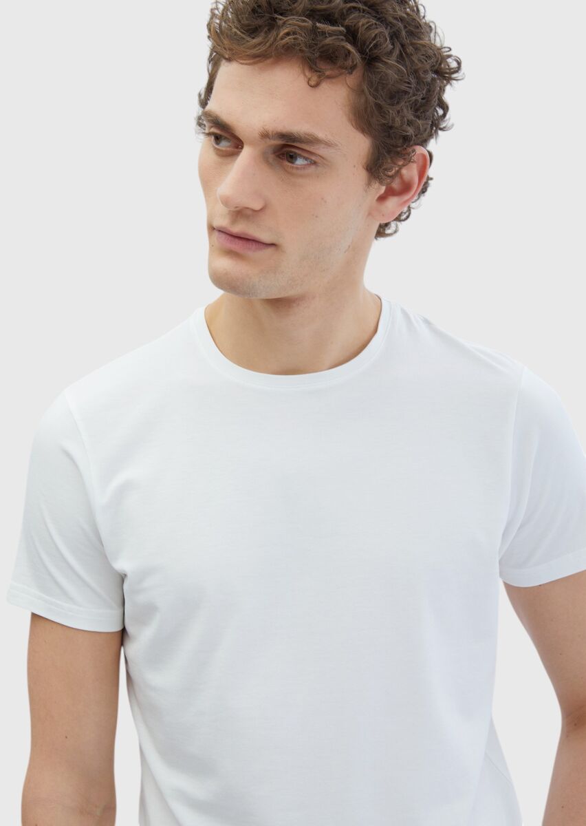 White Plain Crew Neck Cotton Blended T-Shirt - 3