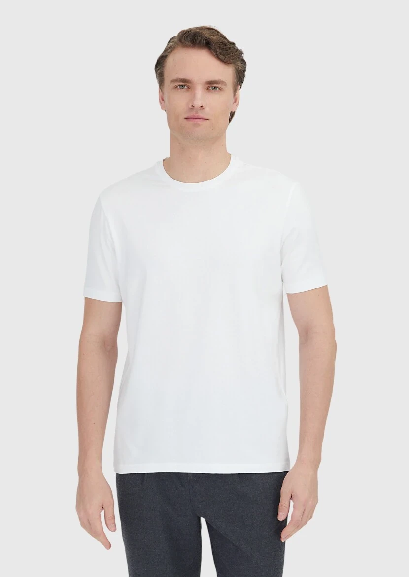 White Plain Crew Neck Cotton Blended T-Shirt - 3