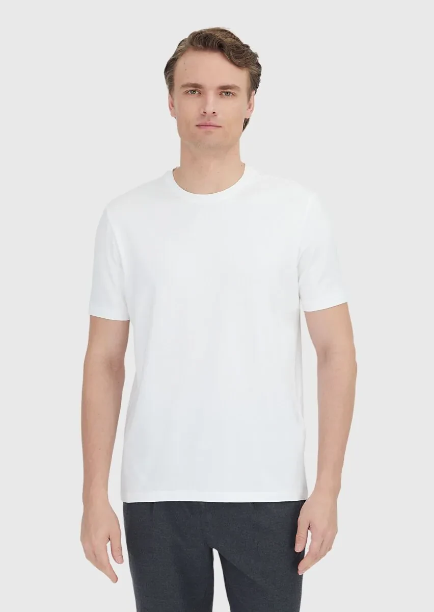 White Plain Crew Neck Cotton Blended T-Shirt - 3