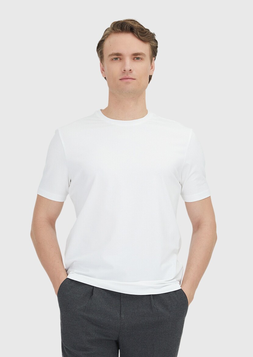 White Plain Crew Neck Cotton Blended T-Shirt - 4