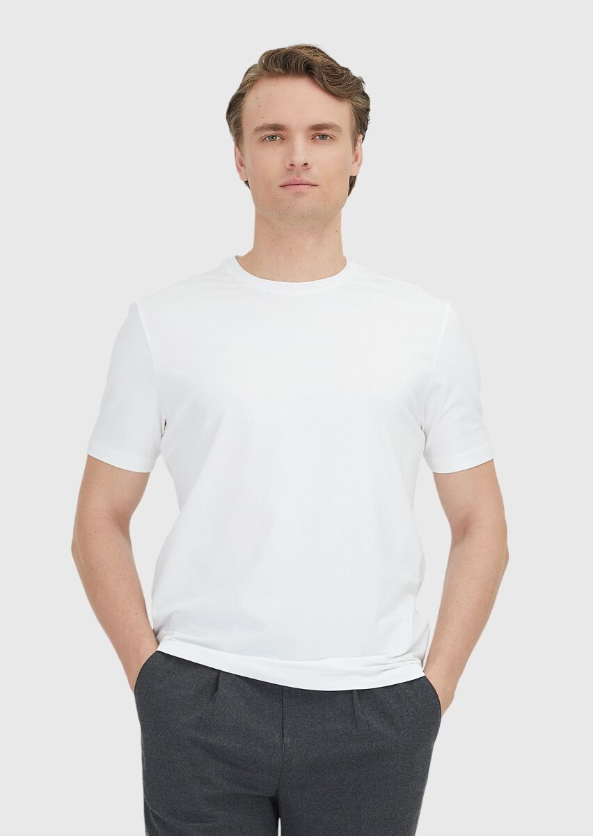 White Plain Crew Neck Cotton Blended T-Shirt - 4