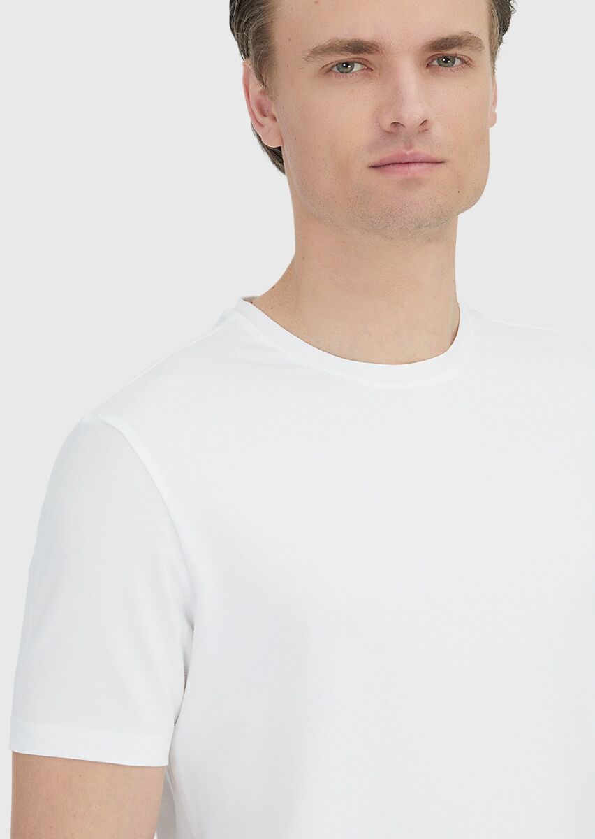 White Plain Crew Neck Cotton Blended T-Shirt - 5