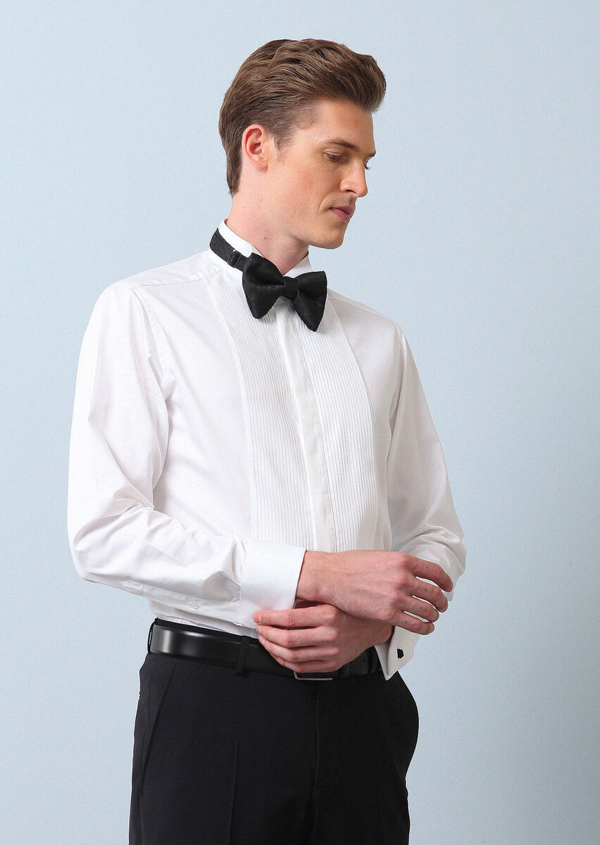 White Plain Double Cuff Wing Collar Tuxedo Shirts - 3