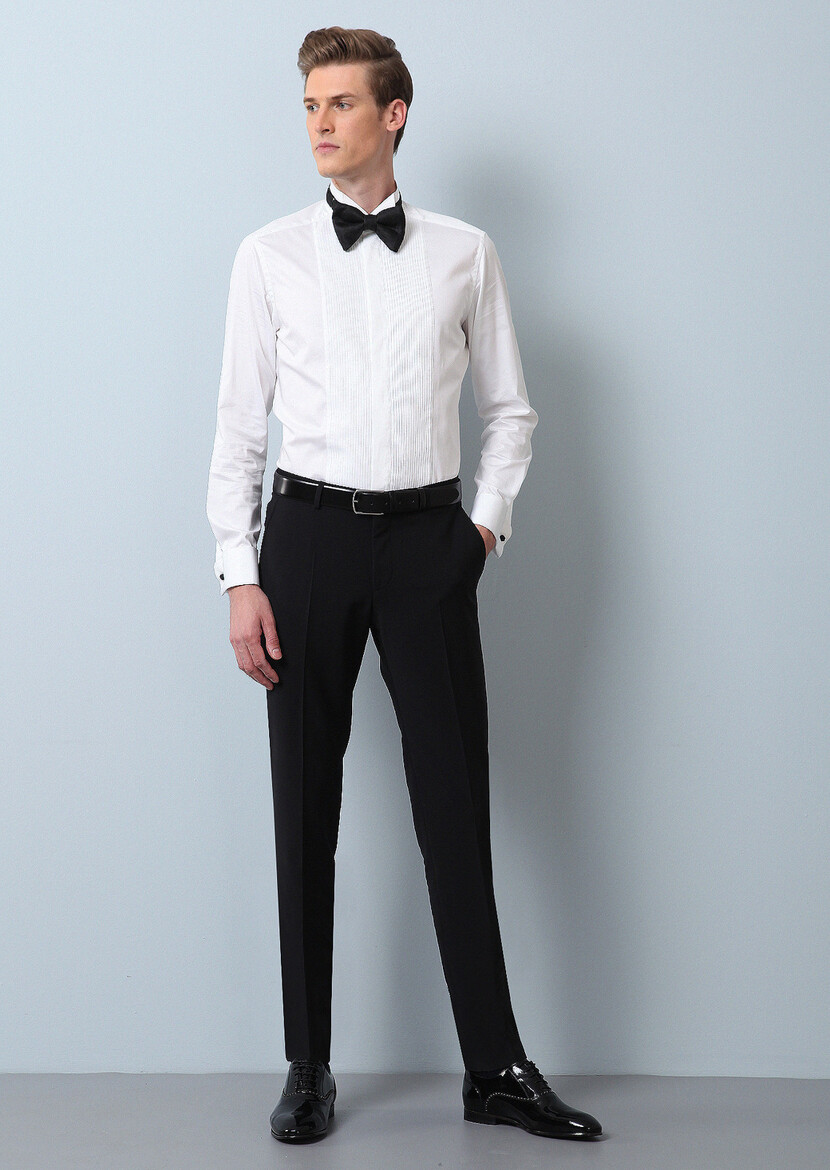 White Plain Double Cuff Wing Collar Tuxedo Shirts - 4