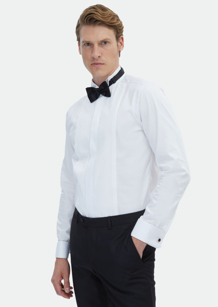 White Plain Double Cuff Wing Collar Tuxedo Shirts - 1