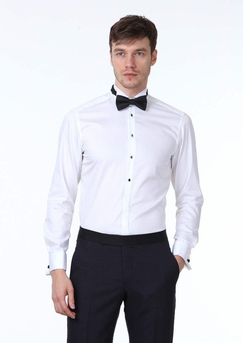 White Plain Fitted Fit Double Cuff Wing Collar Tuxedo Shirts - 1