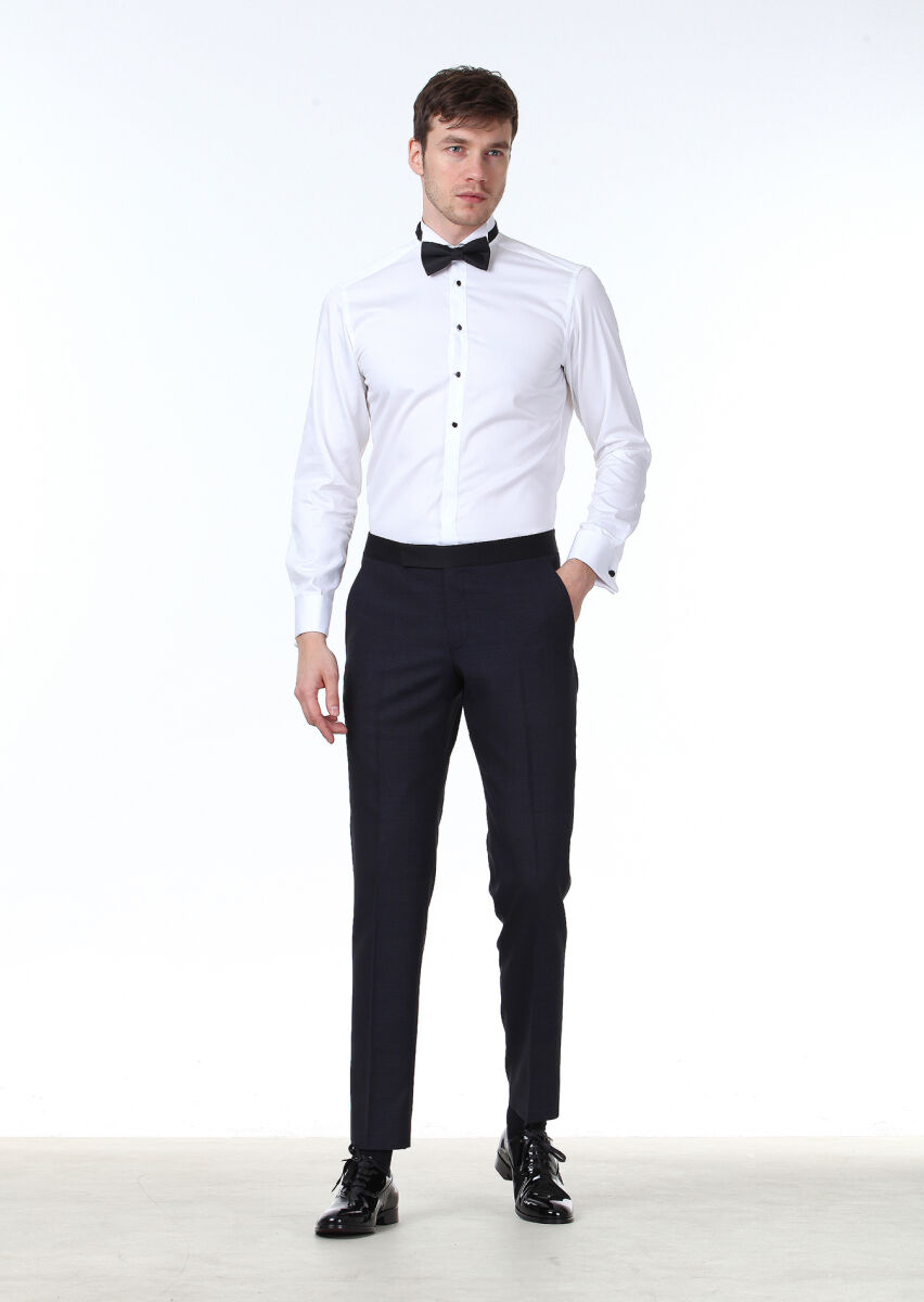 White Plain Fitted Fit Double Cuff Wing Collar Tuxedo Shirts - 2
