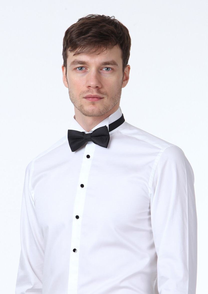 White Plain Fitted Fit Double Cuff Wing Collar Tuxedo Shirts - 3