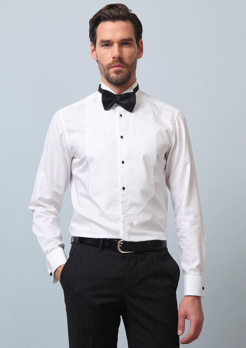 White Plain Fitted Fit Double Cuff Wing Collar Tuxedo Shirts - 1