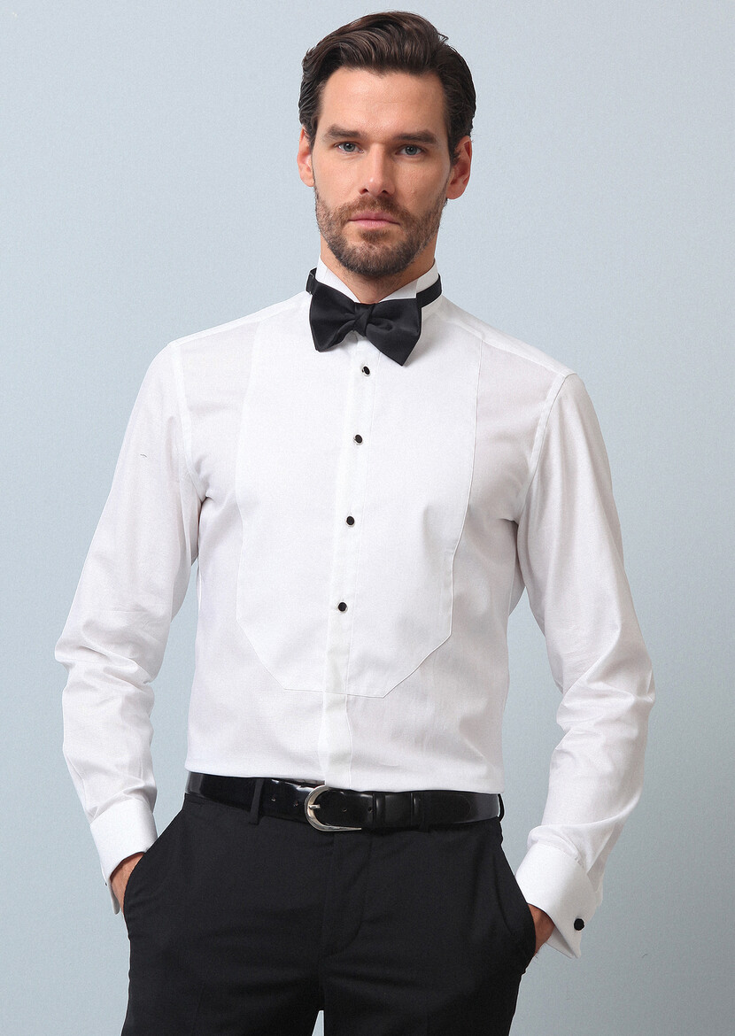 White Plain Fitted Fit Double Cuff Wing Collar Tuxedo Shirts - 2