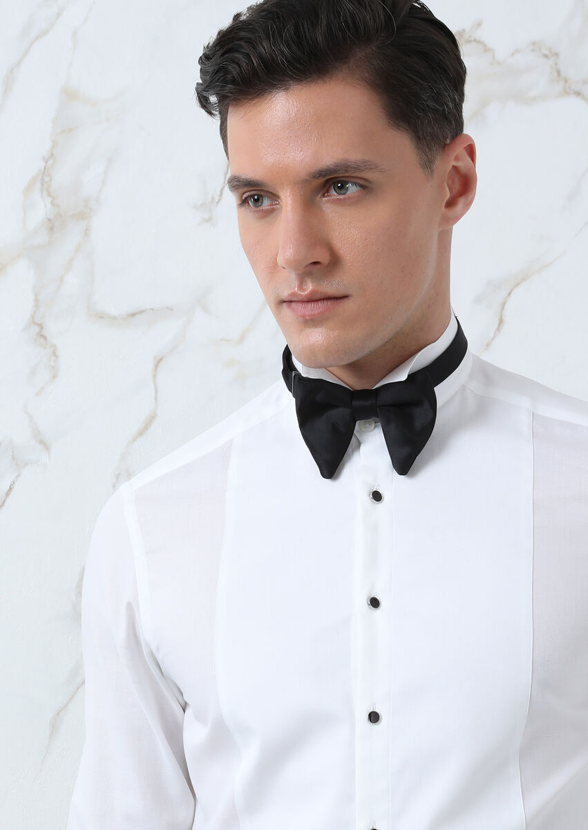 White Plain Fitted Fit Double Cuff Wing Collar Tuxedo Shirts - 3