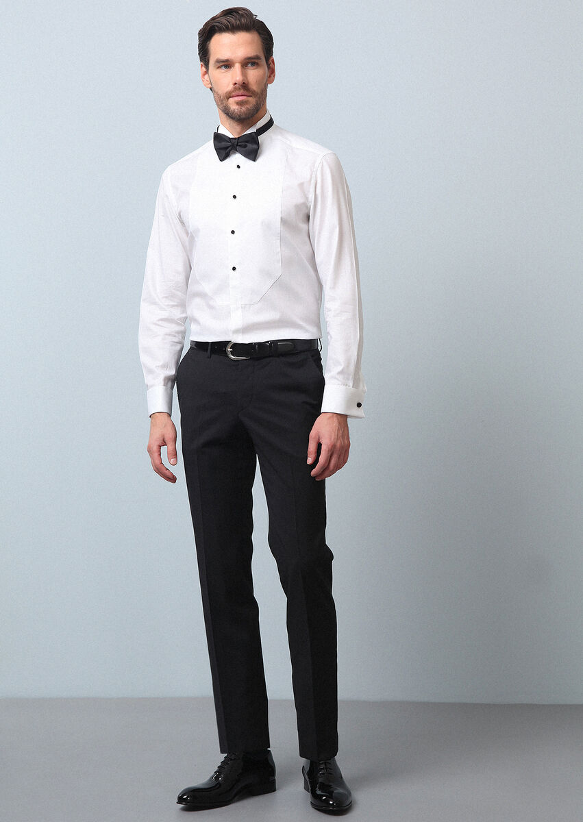 White Plain Fitted Fit Double Cuff Wing Collar Tuxedo Shirts - 4