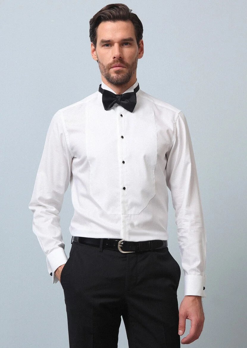 White Plain Fitted Fit Double Cuff Wing Collar Tuxedo Shirts - 1