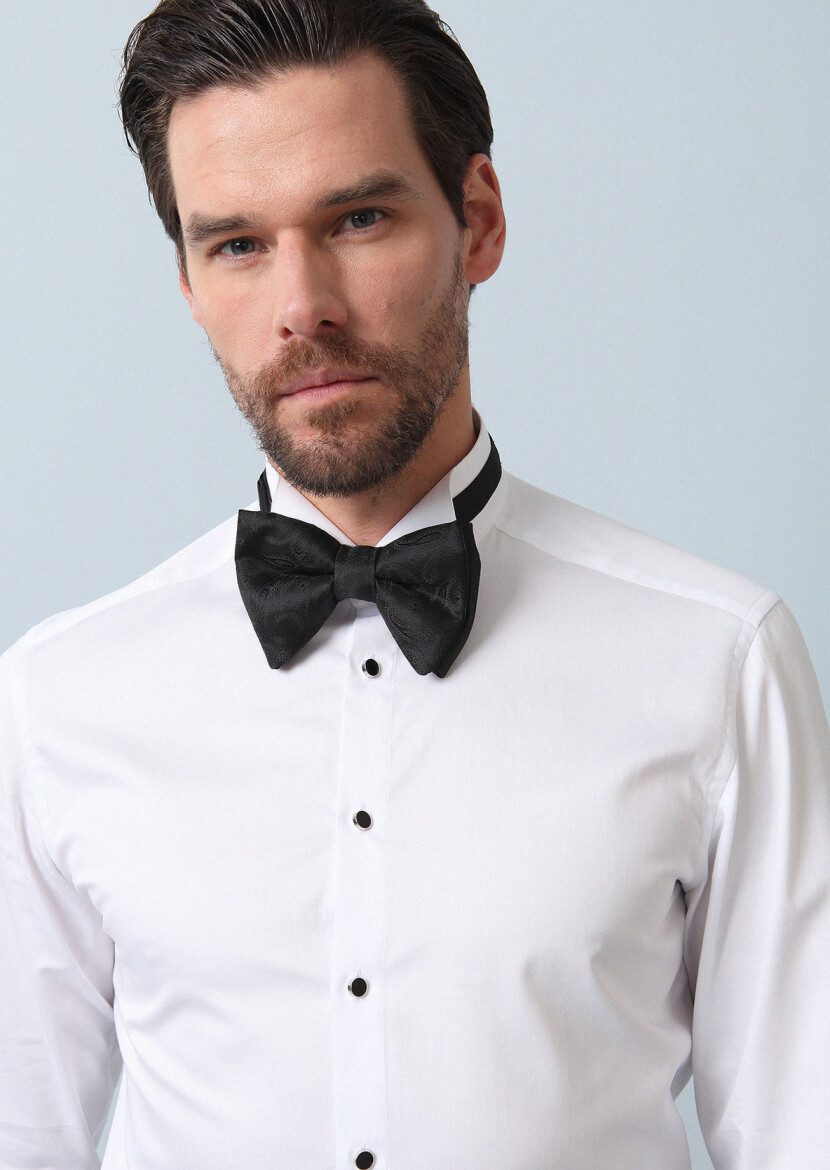 White Plain Fitted Fit Double Cuff Wing Collar Tuxedo Shirts - 2