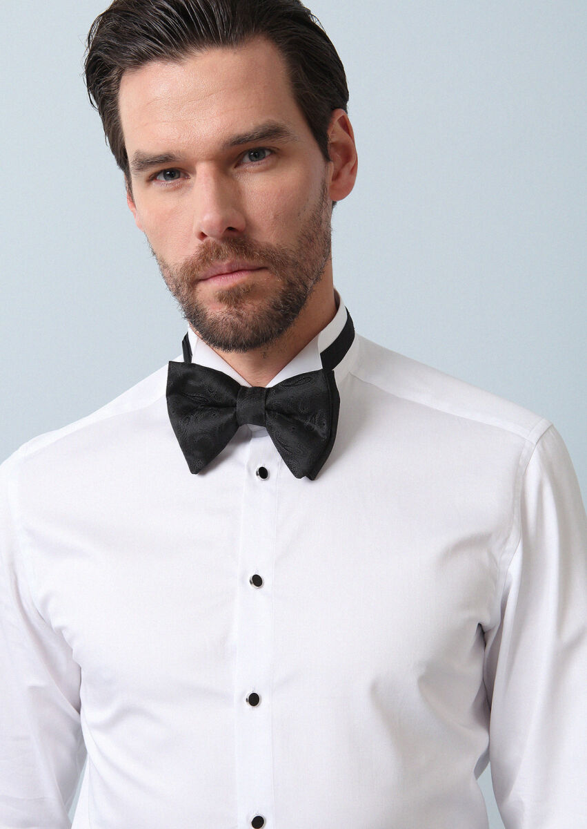 White Plain Fitted Fit Double Cuff Wing Collar Tuxedo Shirts - 2