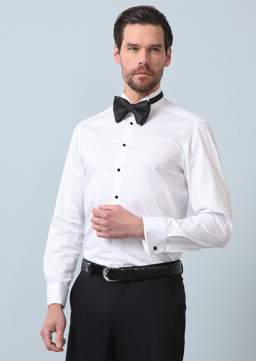 White Plain Fitted Fit Double Cuff Wing Collar Tuxedo Shirts - 1