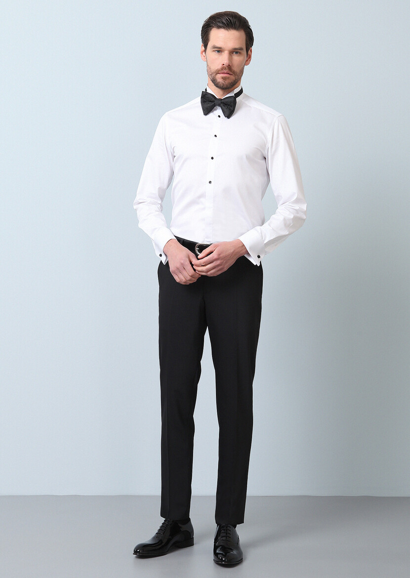 White Plain Fitted Fit Double Cuff Wing Collar Tuxedo Shirts - 3