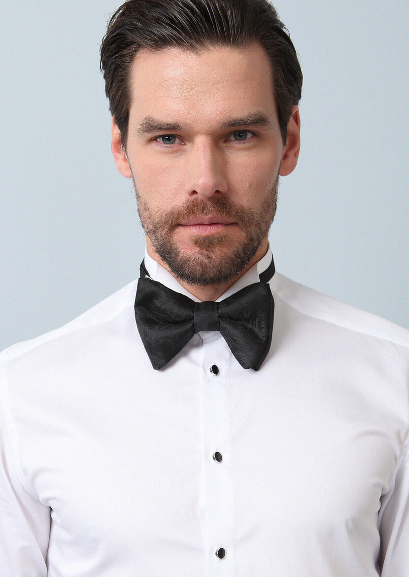 White Plain Fitted Fit Double Cuff Wing Collar Tuxedo Shirts - 4