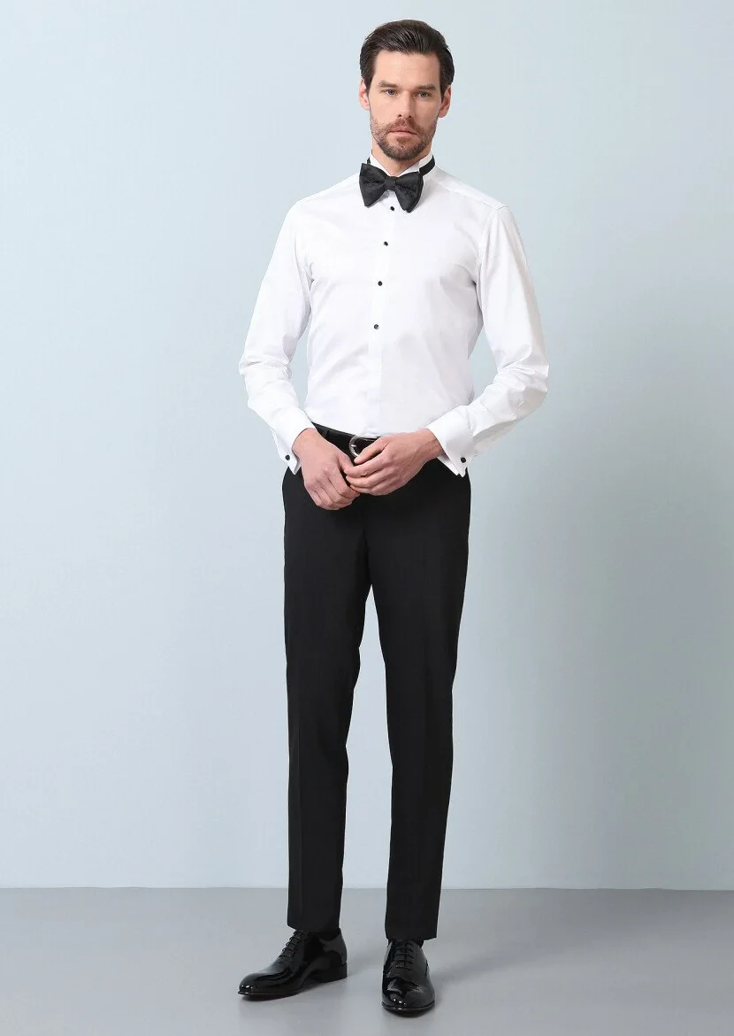 White Plain Fitted Fit Double Cuff Wing Collar Tuxedo Shirts - 3