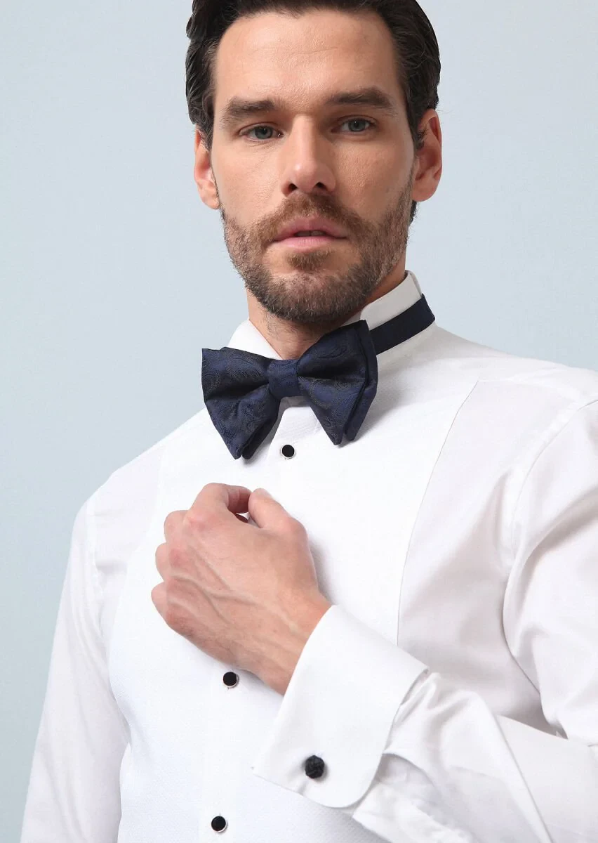 White Plain Fitted Fit Double Cuff Wing Collar Tuxedo Shirts - 2