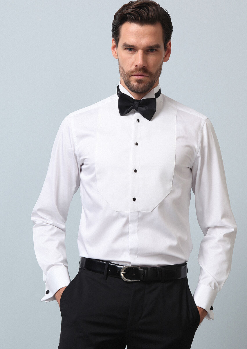 White Plain Fitted Fit Double Cuff Wing Collar Tuxedo Shirts - 1