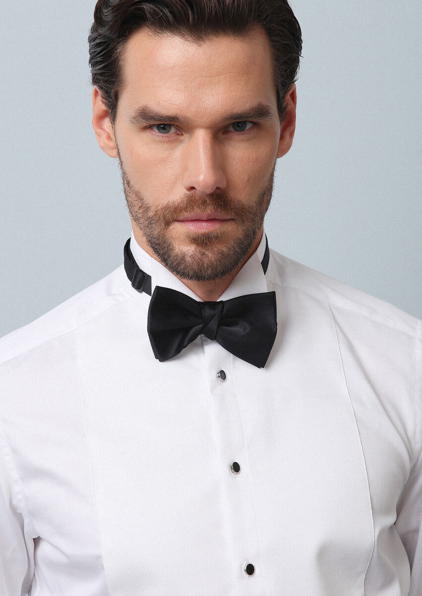 White Plain Fitted Fit Double Cuff Wing Collar Tuxedo Shirts - 2