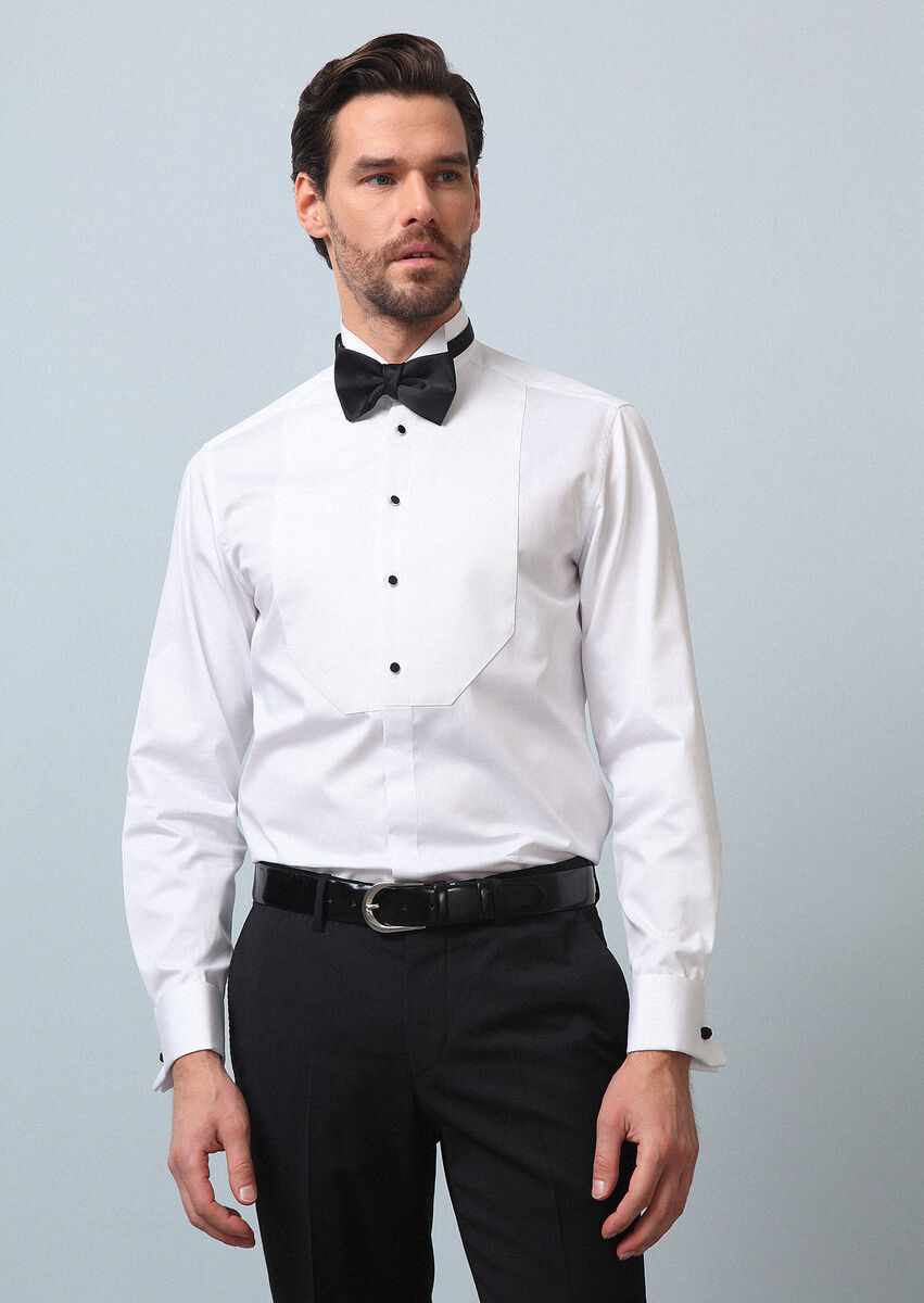 White Plain Fitted Fit Double Cuff Wing Collar Tuxedo Shirts - 3