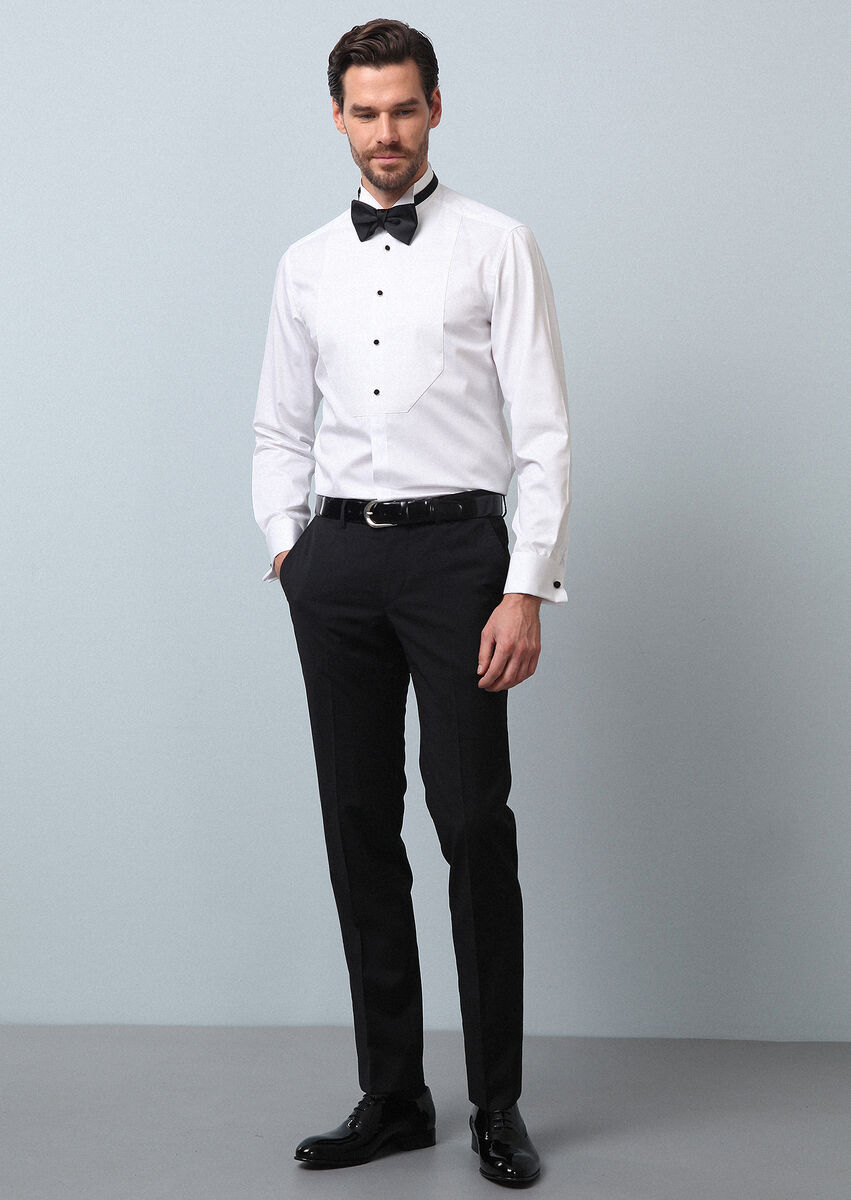 White Plain Fitted Fit Double Cuff Wing Collar Tuxedo Shirts - 4