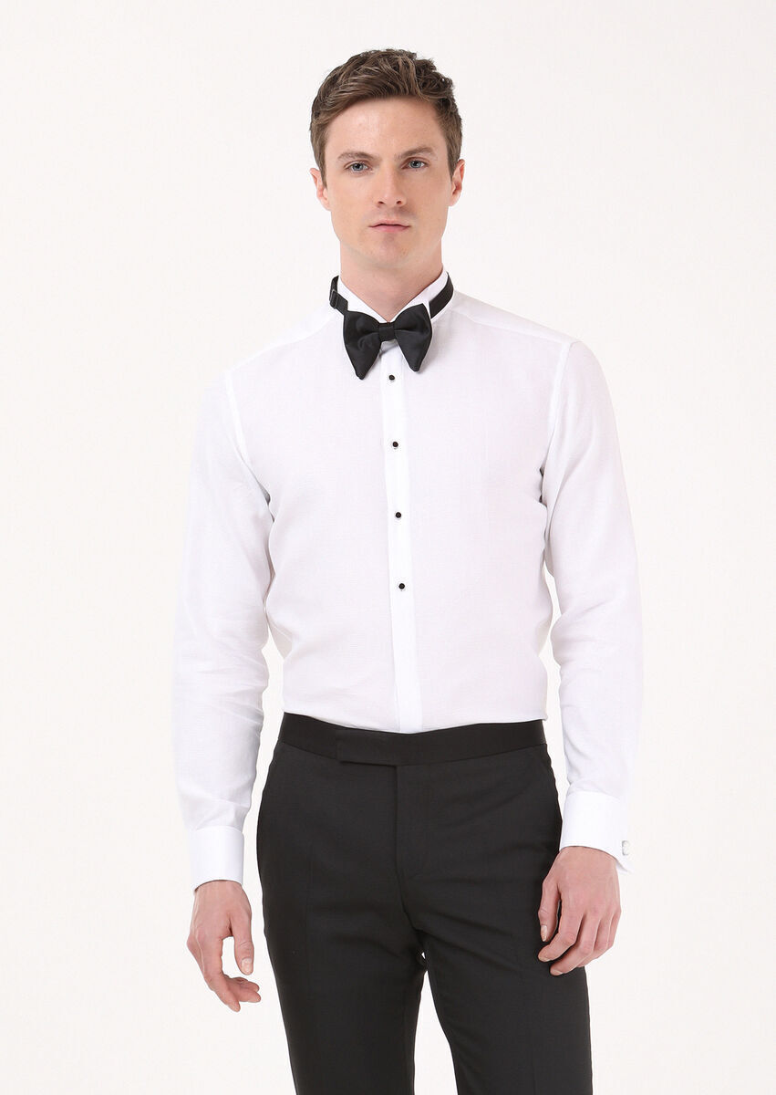 White Plain Fitted Fit Double Cuff Wing Collar Tuxedo Shirts - 1