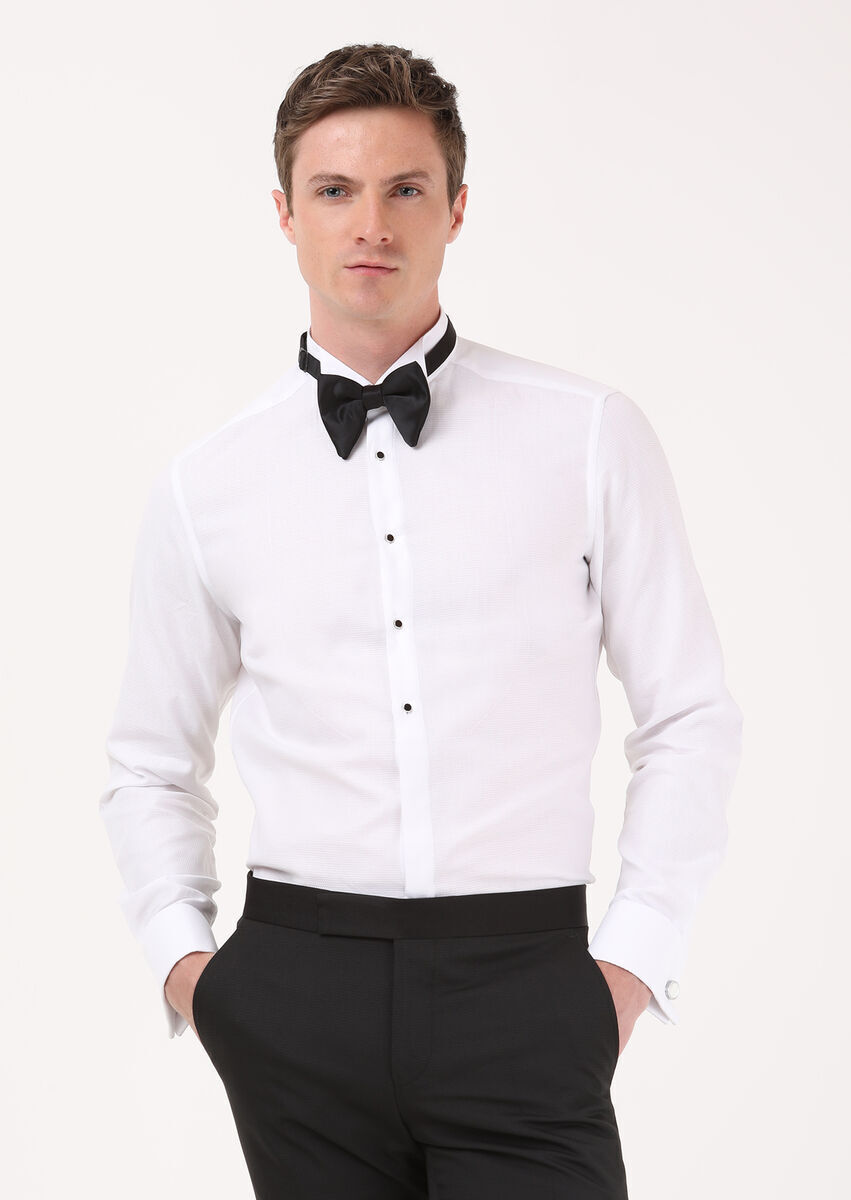 White Plain Fitted Fit Double Cuff Wing Collar Tuxedo Shirts - 2