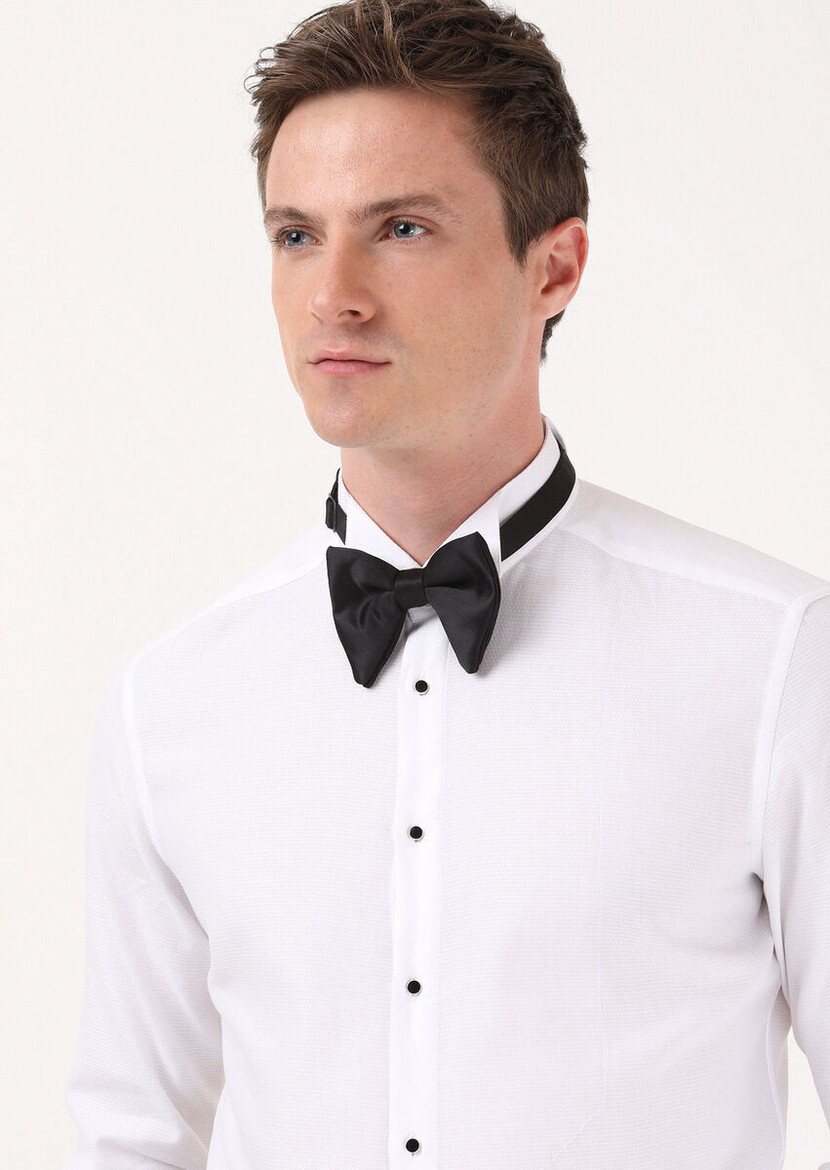 White Plain Fitted Fit Double Cuff Wing Collar Tuxedo Shirts - 4