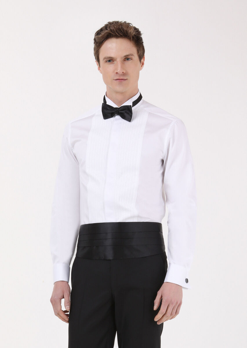 White Plain Fitted Fit Double Cuff Wing Collar Tuxedo Shirts - 2