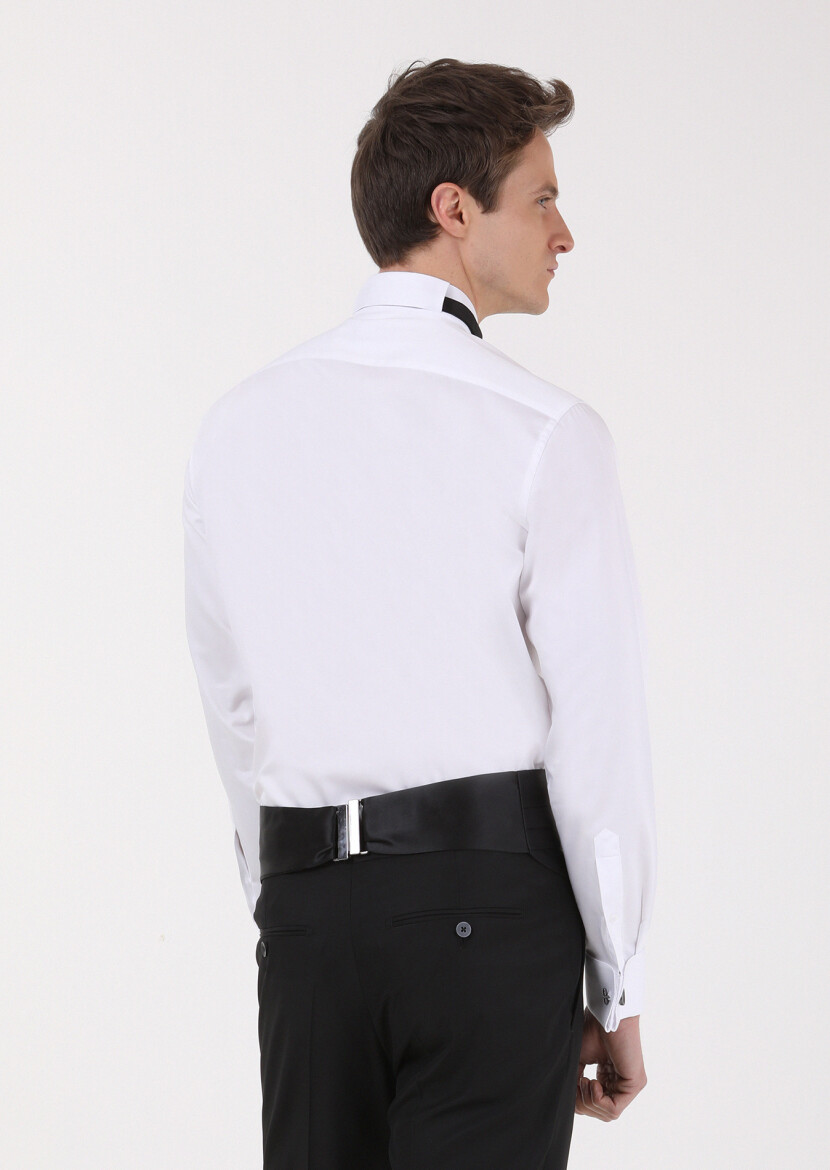 White Plain Fitted Fit Double Cuff Wing Collar Tuxedo Shirts - 4