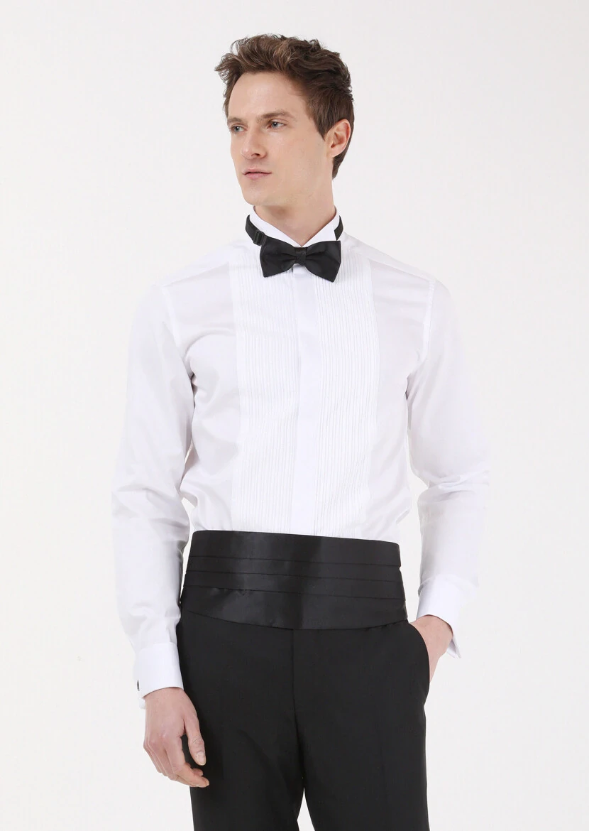 White Plain Fitted Fit Double Cuff Wing Collar Tuxedo Shirts - 1
